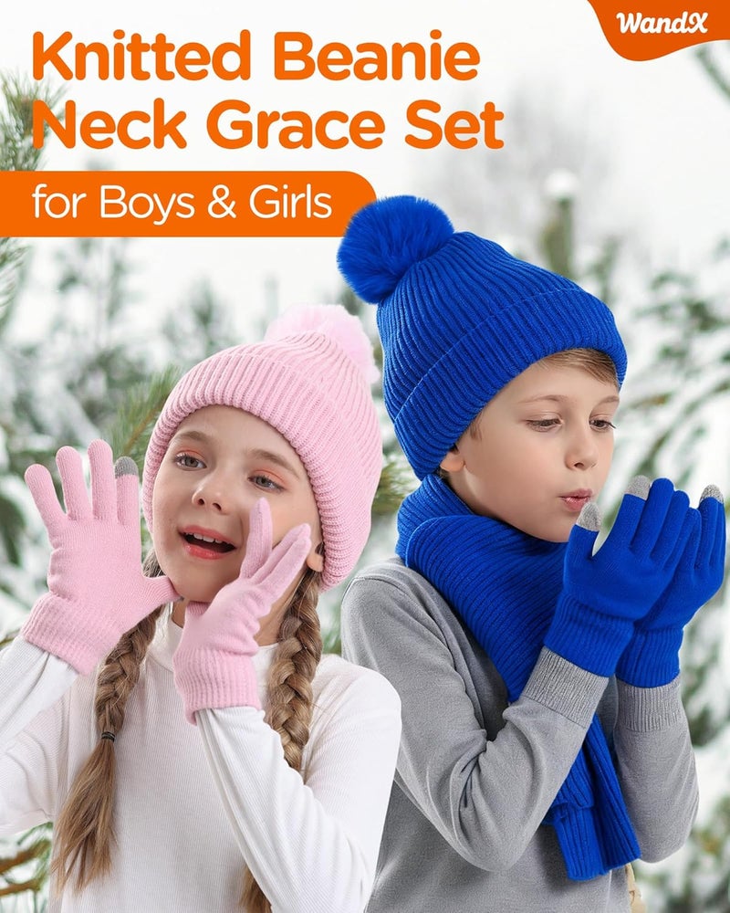 Wandx Kids Winter Hat Gloves Scarf Set Children Pompom Knit Beanie Warm Gloves with Thick Fleece for Boys Girls Ages 4-12 - Image 5